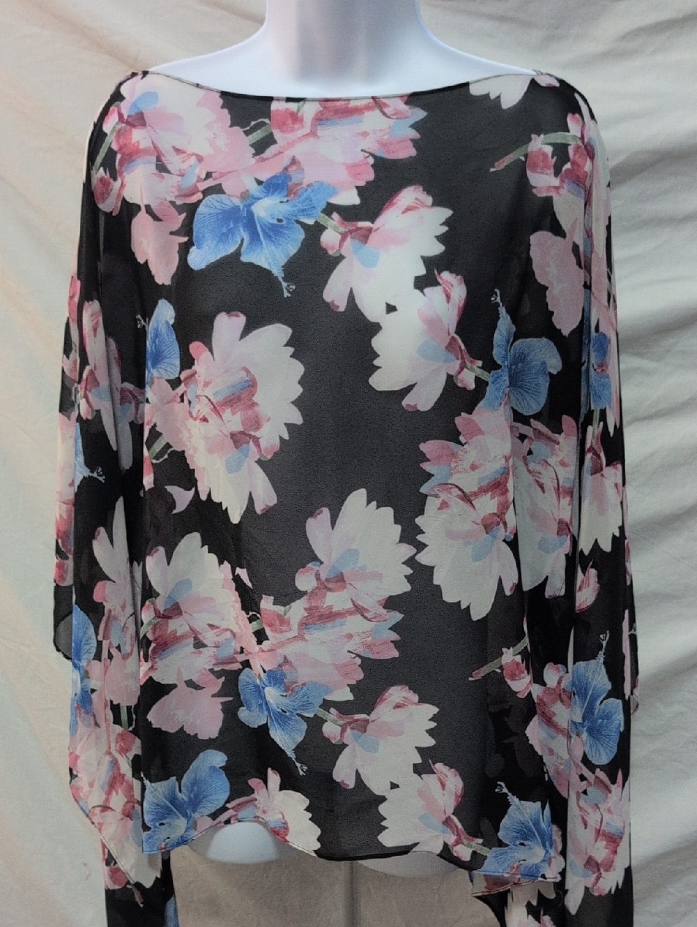 Vince Camuto Black Sheer Floral Boatneck Blouse with Pink & Blue Flowers